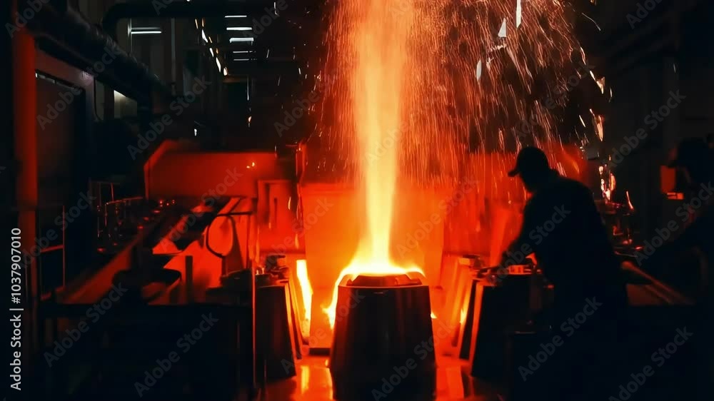 Molten metal being poured into molds in a steel manufacturing plant ...