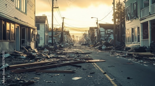 Fototapeta Naklejka Na Ścianę i Meble -  Hurricane debris strewn across streets of coastal town in the aftermath of a devastating storm