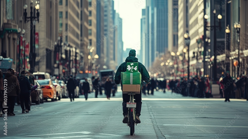Courier rides through Chicago's St. Patrick's Day parade delivering a package amidst vibrant celebrations and green decorations Courier rides through Chicago's St. Patrick's Day parade delivering a package amidst vibrant celebrations and green decorations