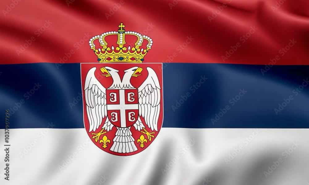 The Serbian flag with the coat of arms on a waving fabric background, representing national symbolism and the country's sovereignty The Serbian flag with the coat of arms on a waving fabric background, representing national symbolism and the country's sovereignty