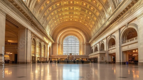 A courier navigating through the grand interior of Chicago's historic Union Station during a bustling day