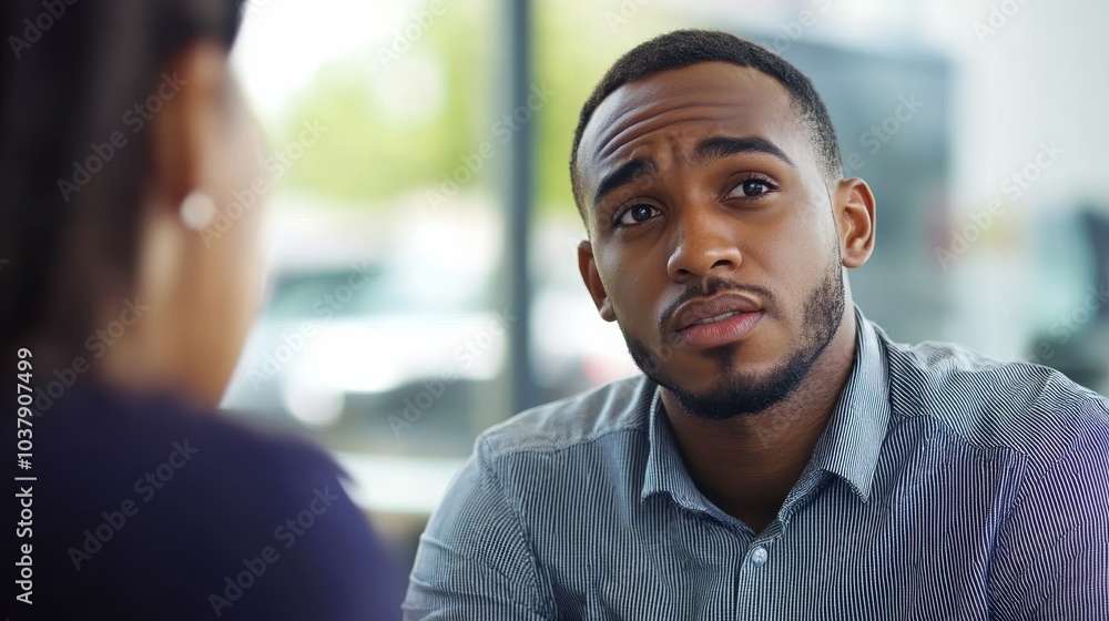 Car salesman discussing payment options with a client at a dealership while seated at a table with a contract Car salesman discussing payment options with a client at a dealership while seated at a table with a contract