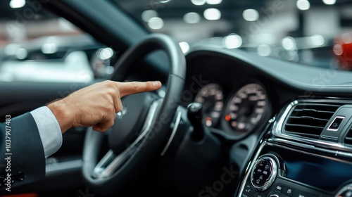 Close-up of a car salesperson highlighting dashboard features and hand gestures in a polished vehicle showroom environment