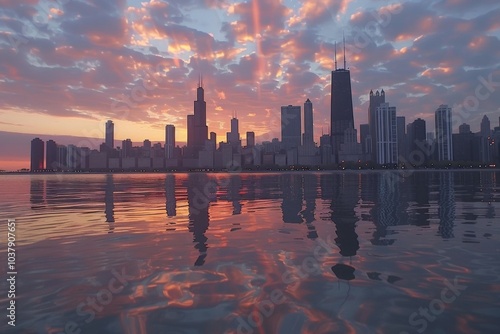 A stunning view at sunset, with colorful clouds in the sky and buildings illuminated by the fading light, Big city skyline reflected in water during sunset