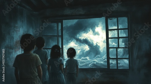 Children anxiously observing the approaching hurricane from a dark, boarded-up room, full of fear and uncertainty about the storm's impact