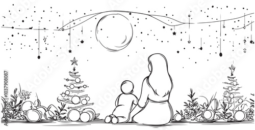 Mother with baby looks for Christmas tree. Sketch