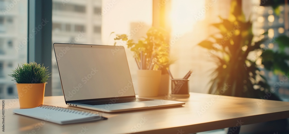 A laptop, notebook, and potted plant sit on a wooden desk in front of a window with sunlight streaming in. A laptop, notebook, and potted plant sit on a wooden desk in front of a window with sunlight streaming in.