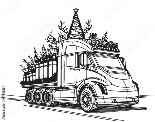 Christmas truck. Vector modern illustration of Christmas truck with Christmas tree. Sketch