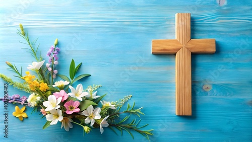 wooden cross with spring flowers on blue background