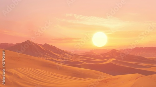 Serene sunrise over a captivating desert landscape with soft light illuminating the rolling sand dunes