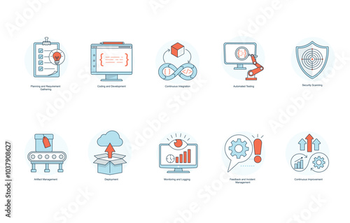 DevSecOps Process Icon Set: Comprehensive Icons for Development, Security, and