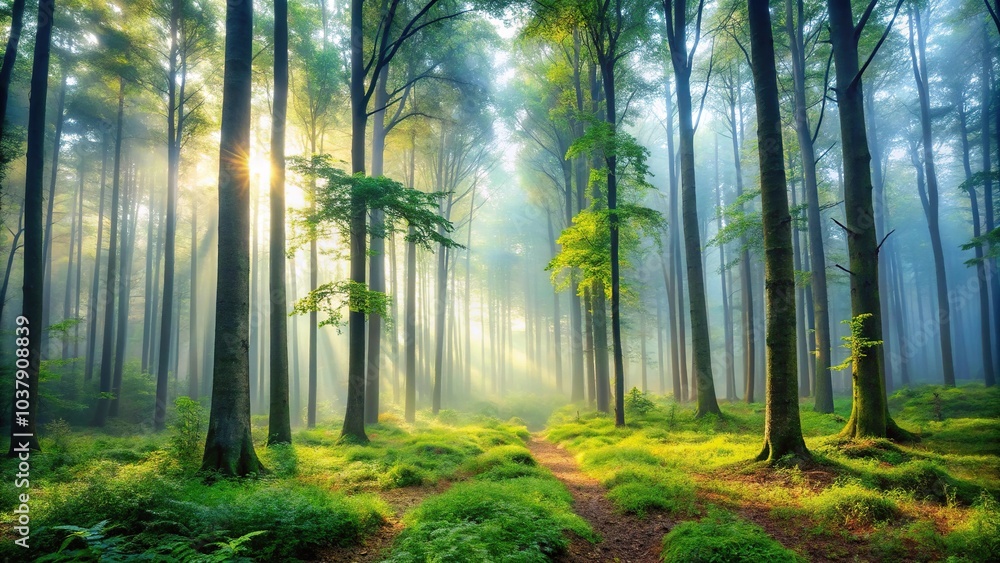 Obraz premium Misty morning in the forest with fog creating a surreal forced perspective