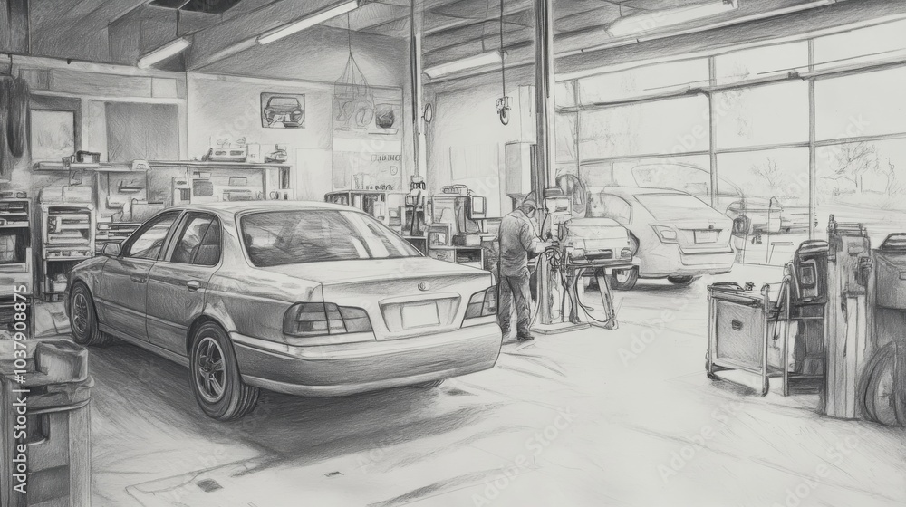 A detailed pencil drawing of a bustling car service station with technicians working on multiple vehicles during the day A detailed pencil drawing of a bustling car service station with technicians working on multiple vehicles during the day