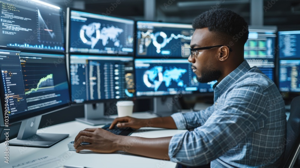 Focused office worker analyzing data in a modern workspace filled with multiple screens during a busy workday Focused office worker analyzing data in a modern workspace filled with multiple screens during a busy workday