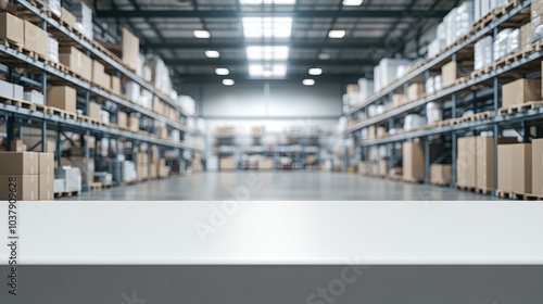 Modern Warehouse Interior with Rows of Shelves and Cardboard Boxes Under Bright Industrial Lighting