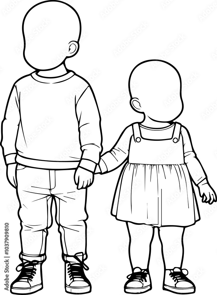 Black Line Art Cutie Baby Friendship Brotherhood Standing Pose Hand Drawn Illustration Black Line Art Cutie Baby Friendship Brotherhood Standing Pose Hand Drawn Illustration