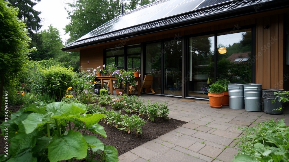 A modern home with a patio and a garden in the front yard. A modern home with a patio and a garden in the front yard.