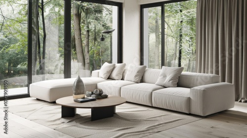 A living room with a white couch, a coffee table, and a vase. The room has a modern and minimalist design, with a large window that lets in natural light. The curtains are drawn, creating a cozy
