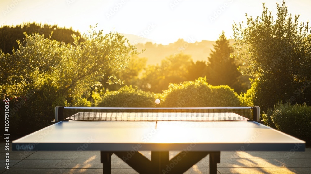 Naklejka premium A serene outdoor table tennis area with a well-maintained table and neatly arranged paddles, surrounded by manicured gardens and a bright sky, early morning light adding a peaceful touch
