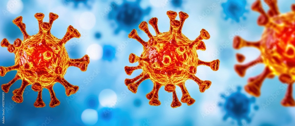 Vivid illustration of virus particles on a blue background, showcasing intricate structures and colors. Vivid illustration of virus particles on a blue background, showcasing intricate structures and colors.
