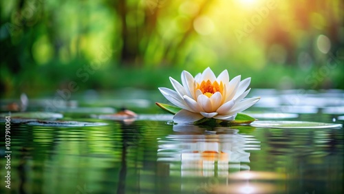 Minimalist white orange flower floating on water near green plant with droplet