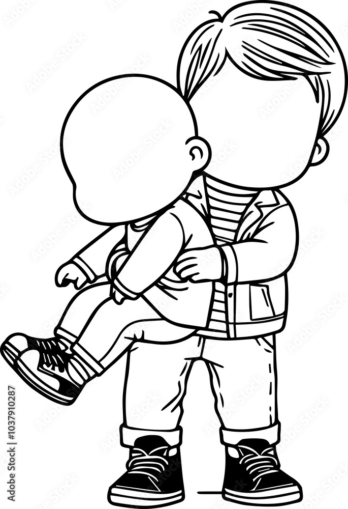 Black Line Art Cutie Baby Friendship Brotherhood Standing Pose Hand Drawn Illustration Black Line Art Cutie Baby Friendship Brotherhood Standing Pose Hand Drawn Illustration