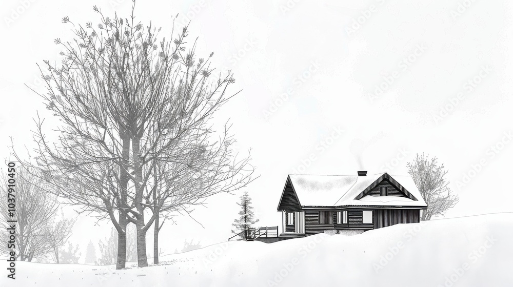 A minimalist drawing of a cozy winter cabin surrounded by snow-covered trees in a serene, seasonal retreat setting A minimalist drawing of a cozy winter cabin surrounded by snow-covered trees in a serene, seasonal retreat setting