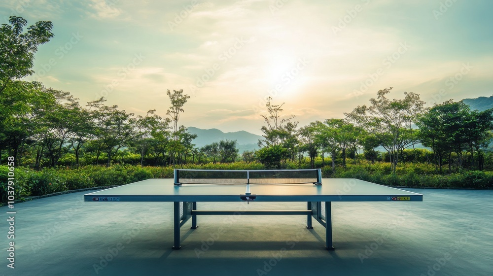 Obraz premium A serene outdoor table tennis court with a well-maintained table and neatly arranged paddles, surrounded by manicured gardens and a bright sky, early morning light enhancing the tranquil setting