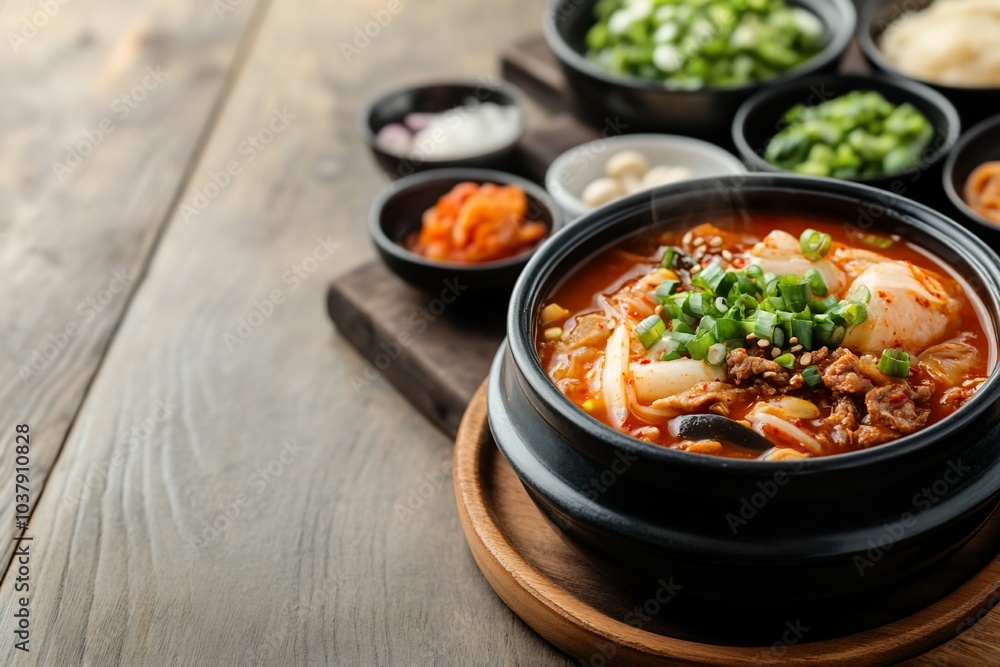 A steaming bowl of Korean kimchi jjigae soup with side dishes on a wooden table. A steaming bowl of Korean kimchi jjigae soup with side dishes on a wooden table.