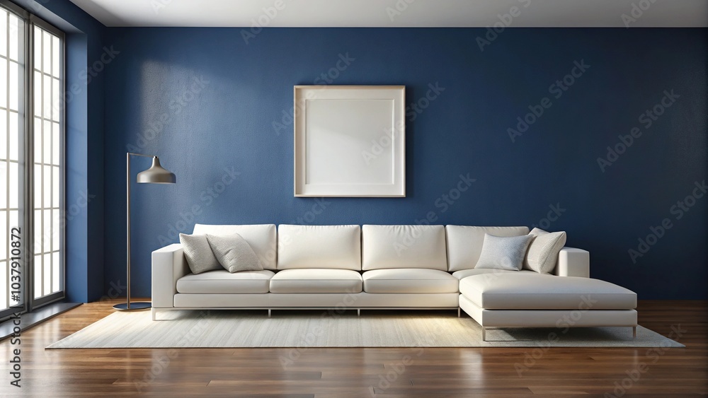 Fototapeta premium Modern white sectional sofa against dark blue wall with artwork