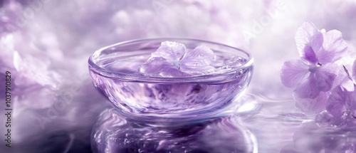 Delicate glass bowl with sparkling ice resting on soft purple petals, creating a serene and calming ambiance.