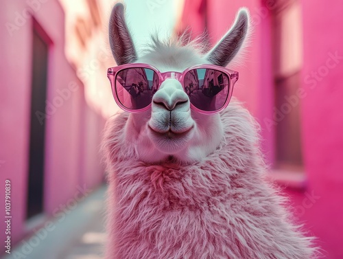surreal concept featuring a cool llama wearing stylish sunglasses against a solid pastel background, creating a playful and whimsical atmosphere for commercial and editorial purposes
