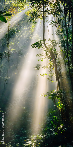 Floresta exuberante com luz do sol filtrando através das folhas photo