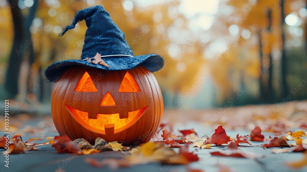 Naklejka premium Cheerful pumpkin with a witch hat surrounded by autumn leaves.