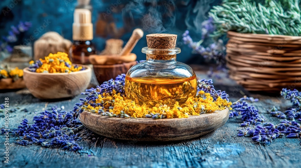Aesthetic arrangement of herbal oil in a glass bottle surrounded by dried flowers and wooden bowls on a rustic table. Aesthetic arrangement of herbal oil in a glass bottle surrounded by dried flowers and wooden bowls on a rustic table.