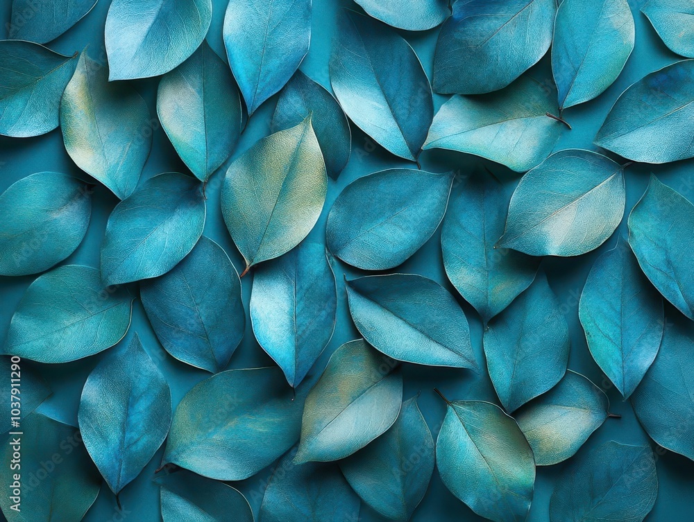 teal leaves artfully arranged against a clean background, showcasing intricate textures and shades that evoke a sense of tranquility and natural beauty teal leaves artfully arranged against a clean background, showcasing intricate textures and shades that evoke a sense of tranquility and natural beauty