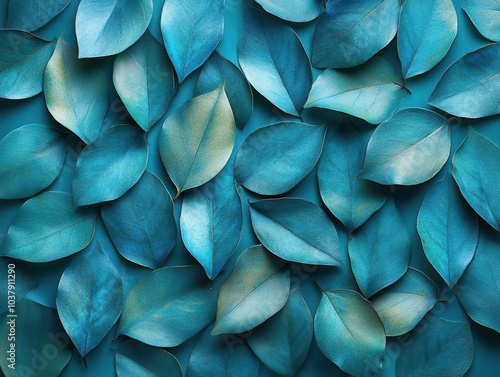 teal leaves artfully arranged against a clean background, showcasing intricate textures and shades that evoke a sense of tranquility and natural beauty