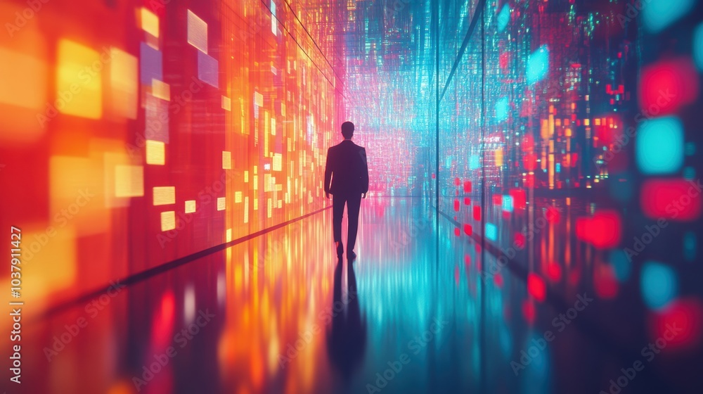 A silhouette of a person walking through a vibrant, illuminated corridor with colorful, abstract lights. A silhouette of a person walking through a vibrant, illuminated corridor with colorful, abstract lights.