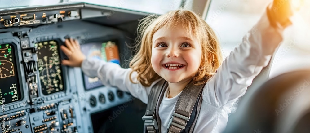 A joyful child in a pilot's seat, exploring the cockpit with excitement and wonder. A joyful child in a pilot's seat, exploring the cockpit with excitement and wonder.