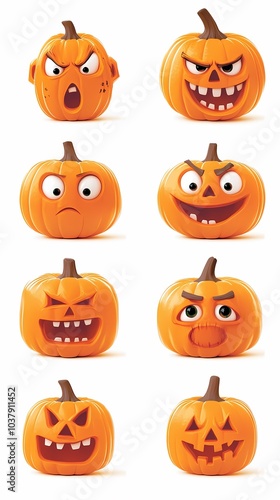 Playful and expressive Halloween pumpkin faces in vibrant orange hues.