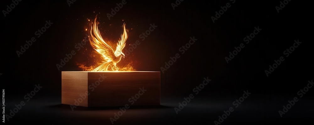 Fototapeta premium Firebird emerging from wooden box, dark background.