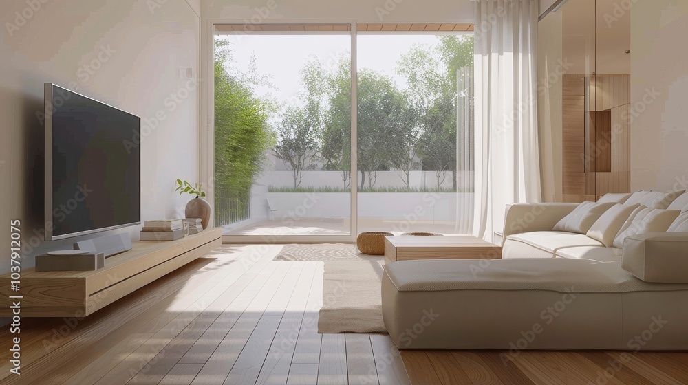 Fototapeta premium A living room with a large white couch and a flat screen TV. The room is bright and airy, with a large window letting in natural light. The couch is positioned in front of the TV