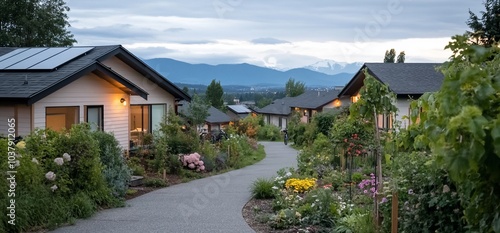 A winding pathway leads through a lush green garden towards a row of modern houses with mountain views.