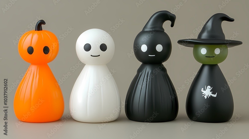 Obraz premium Colorful Halloween-themed decorations: pumpkin, ghost, witch, and spider.