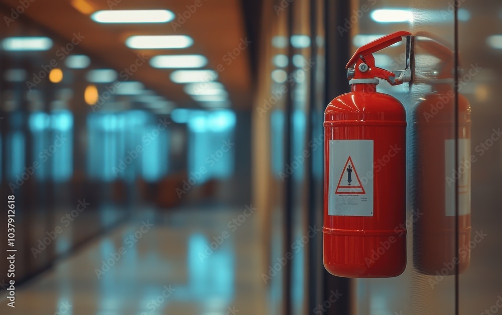 A close-up view of a red fire extinguisher attached to a wall in an office environment, emphasizing its role in workplace safety A close-up view of a red fire extinguisher attached to a wall in an office environment, emphasizing its role in workplace safety