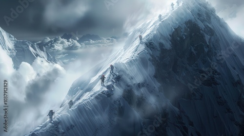 Climbers navigating the challenging Hillary Step on Mount Everest during a dramatic ascent in early morning light