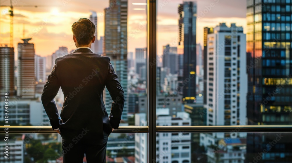 A man in a suit is looking out of a window at the city skyline. Concept of ambition and determination, as the man is dressed professionally and looking out at the bustling city below A man in a suit is looking out of a window at the city skyline. Concept of ambition and determination, as the man is dressed professionally and looking out at the bustling city below