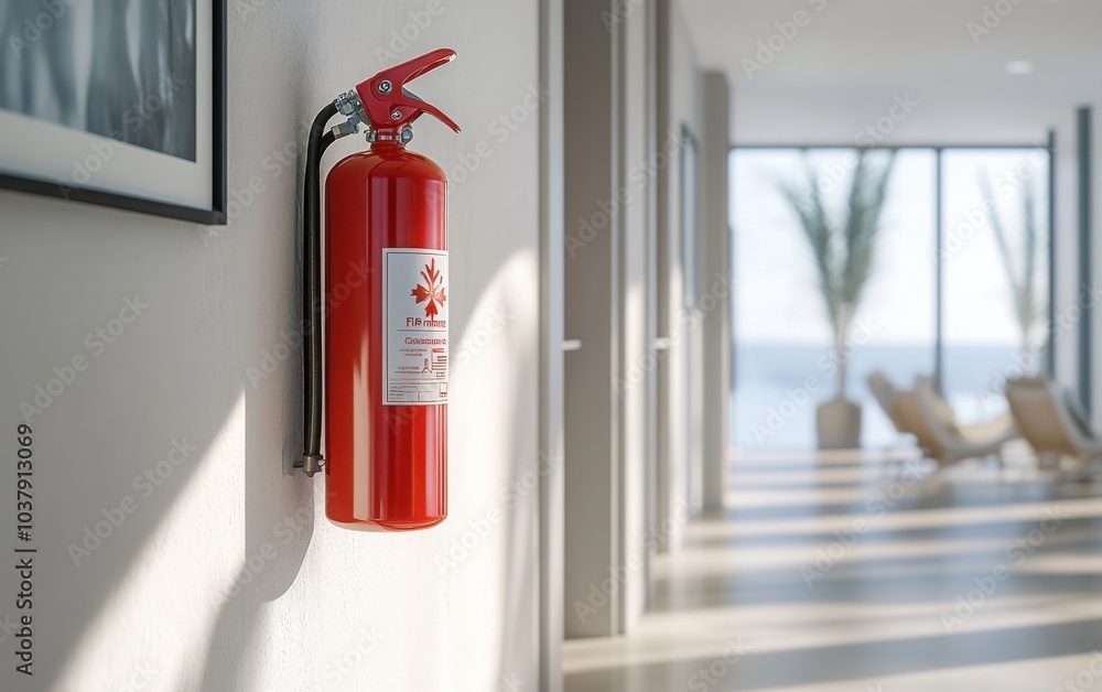 A red fire extinguisher displayed on a bright, light-colored wall in a hallway A red fire extinguisher displayed on a bright, light-colored wall in a hallway