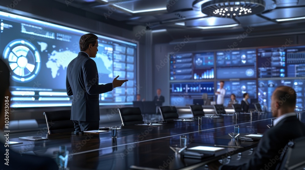 A man is giving a presentation in front of a large screen. The room is filled with people, some of whom are sitting in chairs. The atmosphere is professional and focused A man is giving a presentation in front of a large screen. The room is filled with people, some of whom are sitting in chairs. The atmosphere is professional and focused