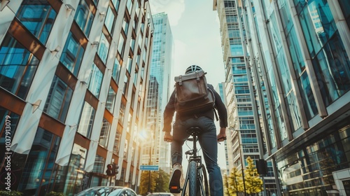 Fototapeta Naklejka Na Ścianę i Meble -  A man rides a bicycle in a city with tall buildings and a sunny day. Concept of freedom and adventure, as the man enjoys the outdoors and the bustling urban environment